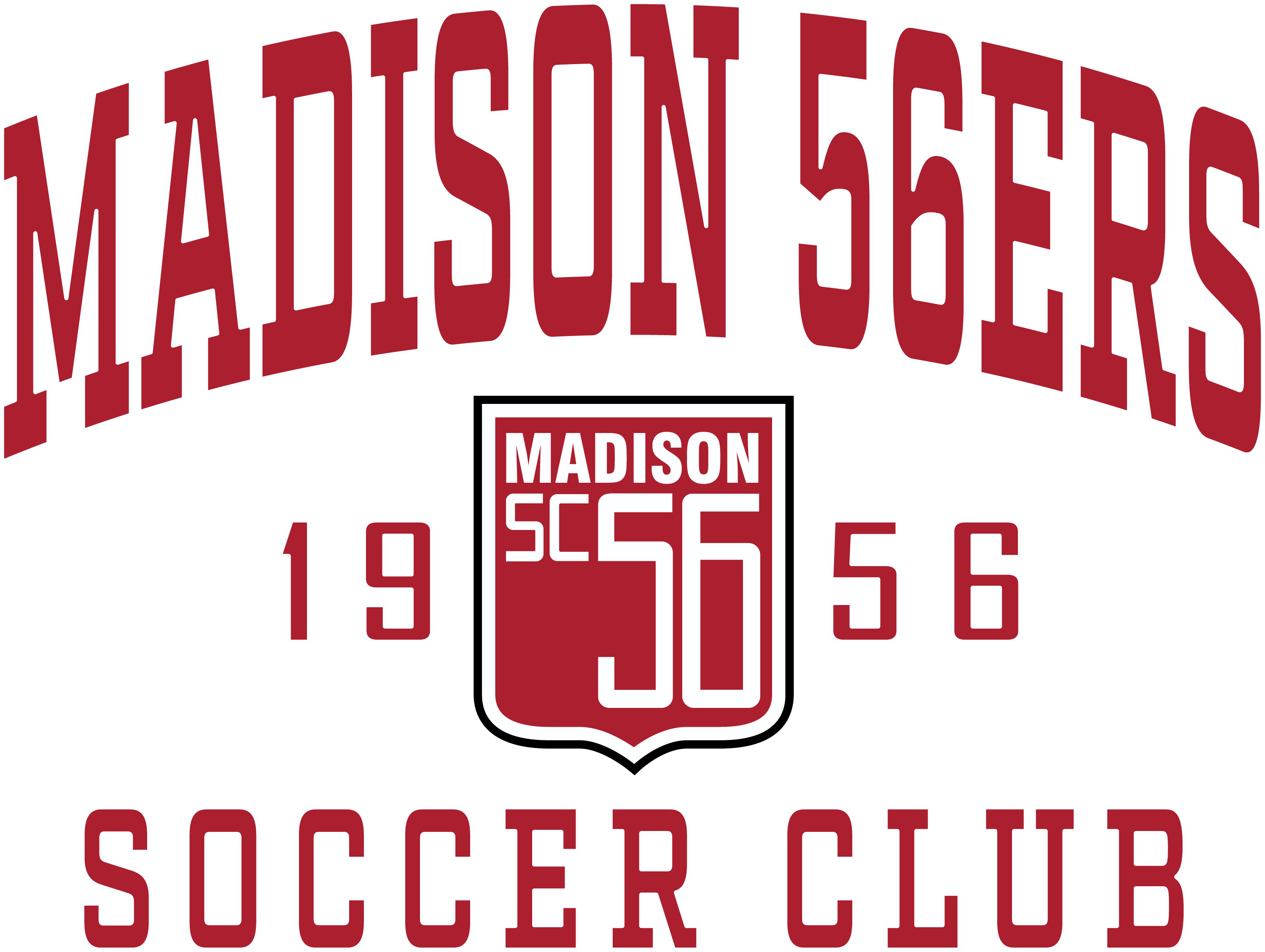 Maroon logo for Madison 56ers Soccer Club featuring arched text, a central shield with a stylized "56", the year 1956, and "Soccer Club" at the bottom.
