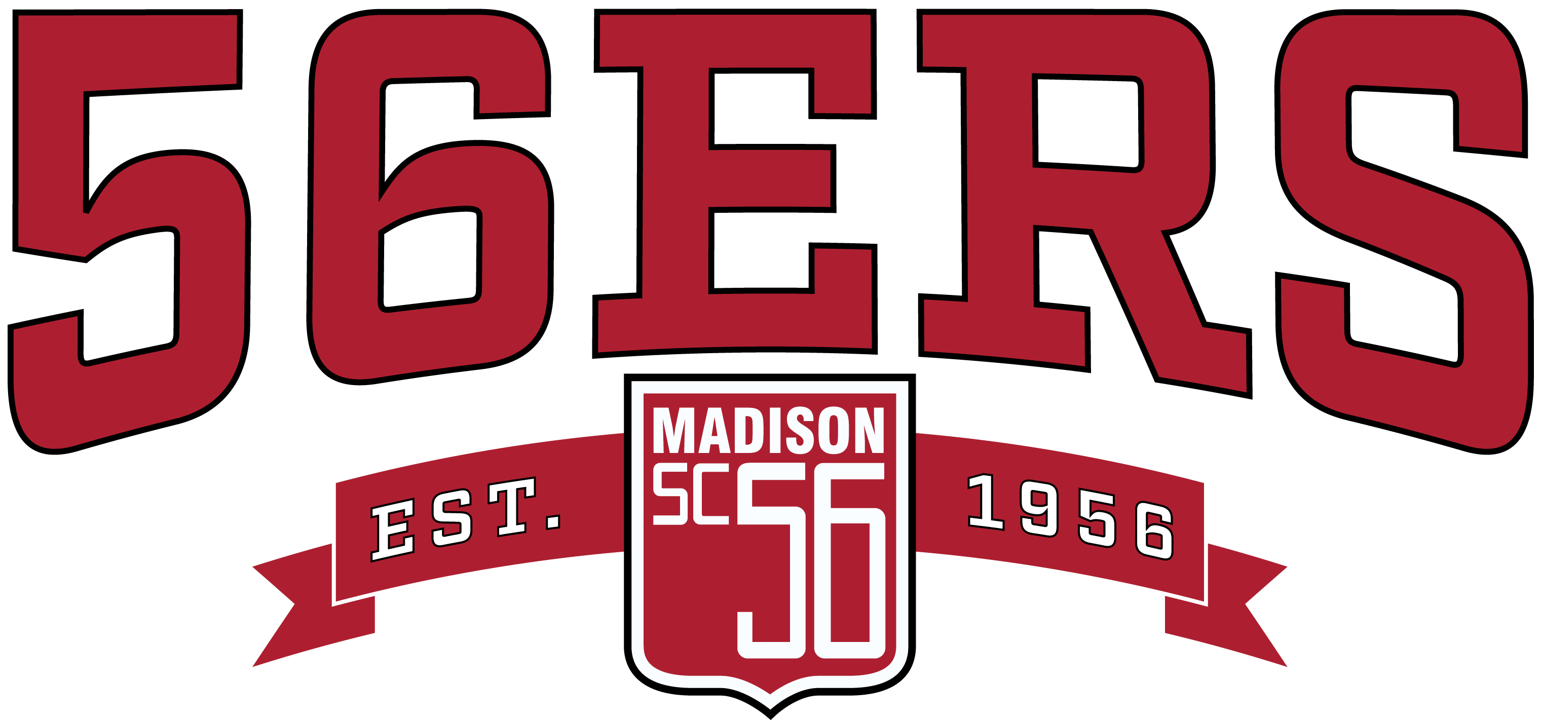 Logo featuring the text "56ERS" in large, maroon block letters with a white outline. Below the main text is a central maroon shield-shaped crest with the words "MADISON SC 56" in white, flanked by banner segments reading "EST." and "1956."