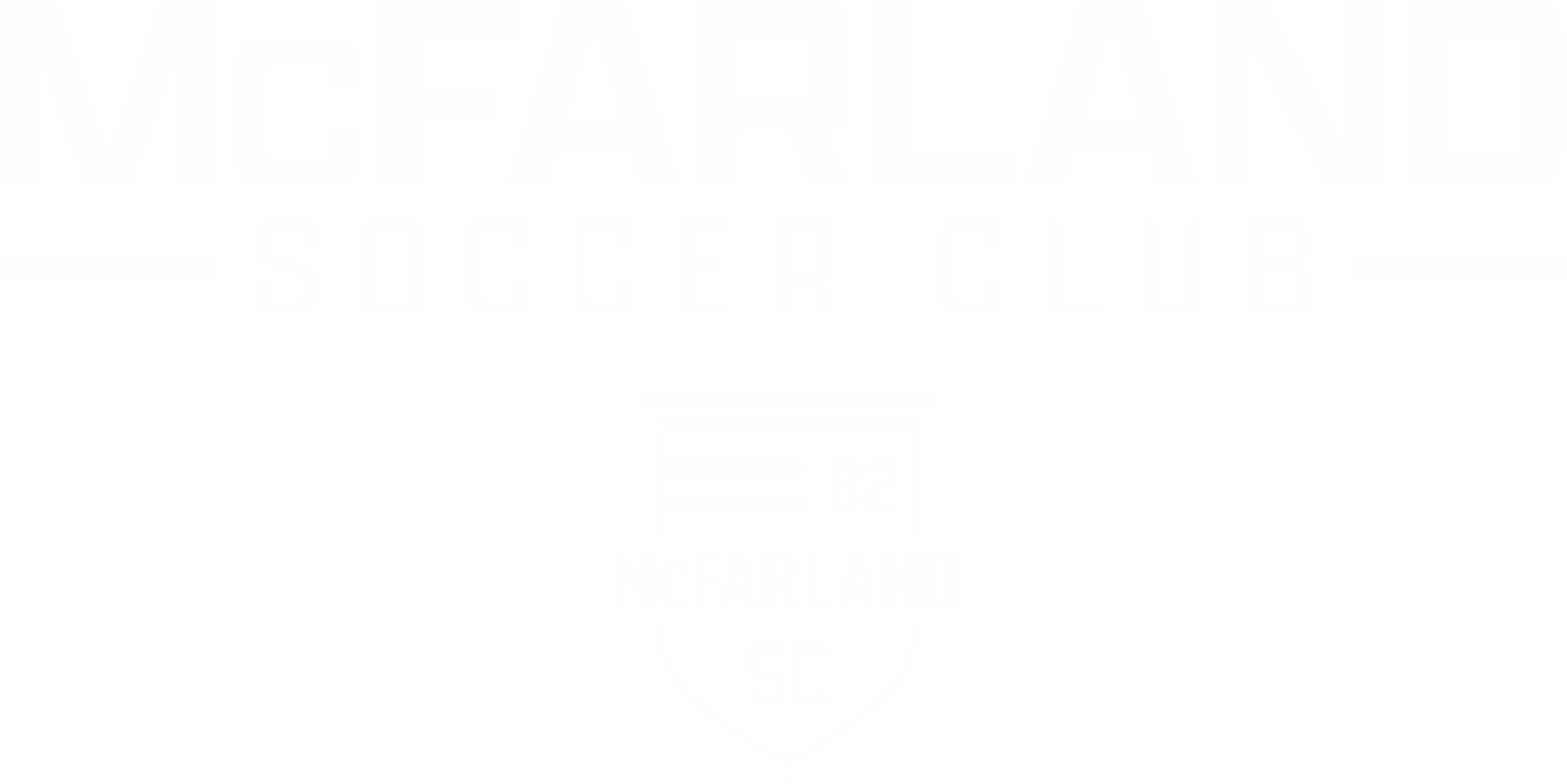 White McFarland Soccer Club logo on black background. Features bold block text and a shield crest containing "McFARLAND", "'82", and "SC".