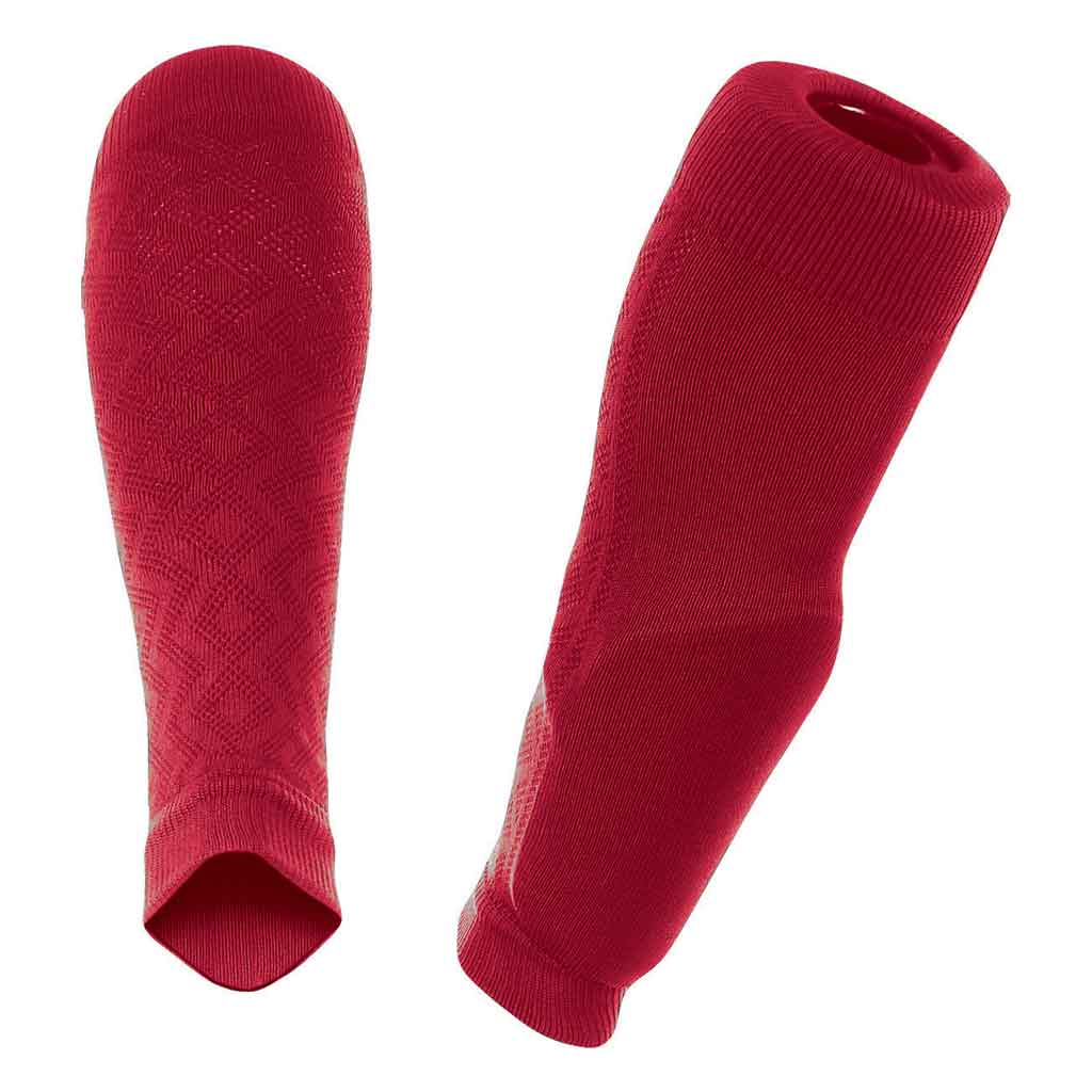 A pair of red compression sleeves on a white background, one showing a front view with a diamond pattern and the other shown from a side angle.