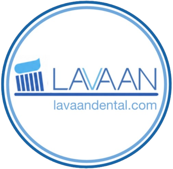 LAVAAN dental circular logo featuring a toothbrush icon, the brand name, and website lavaandental.com in blue and white.