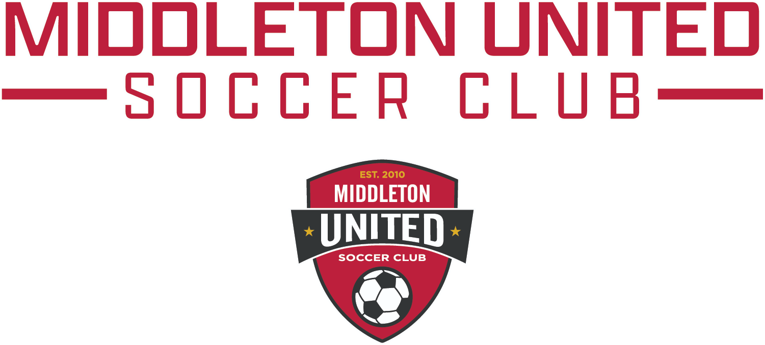 Middleton United Soccer Club logo with bold red text above a shield crest containing a soccer ball and the club's name in red, black, and white.