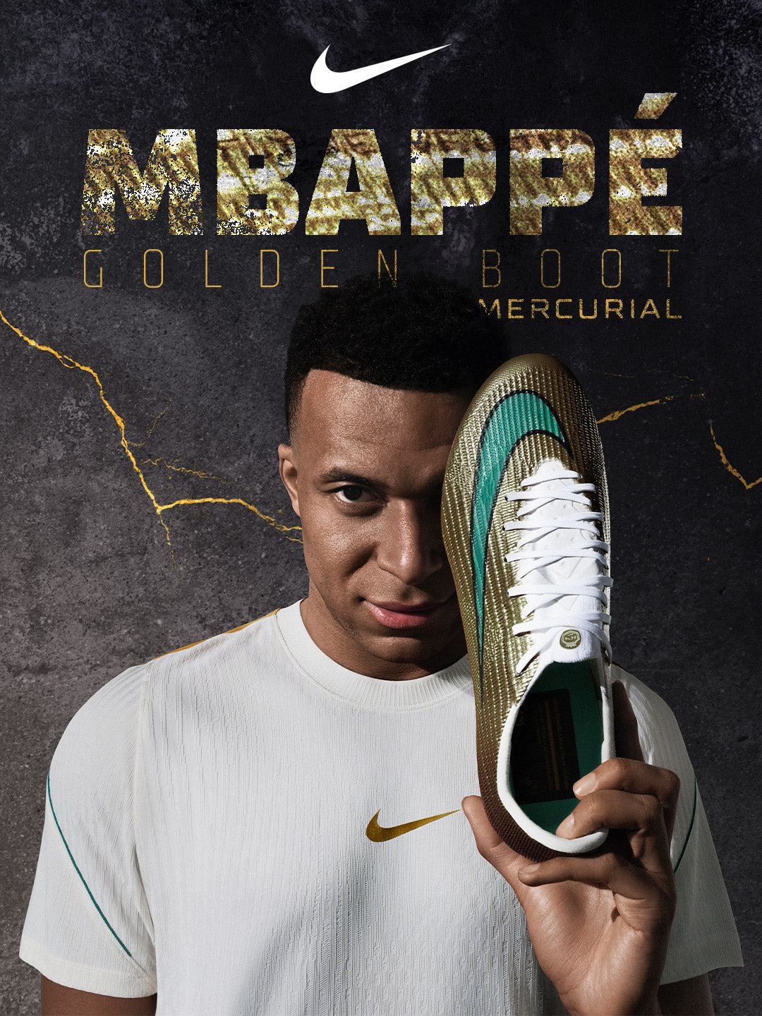 Kylian Mbappé, Nike athlete, holds up a gold and teal Nike Mercurial soccer shoe against a dark textured background with gold lightning effects and the text 'MBAPPÉ GOLDEN BOOT MERCURIAL'. The athlete wears a white Nike jersey with a gold swoosh.