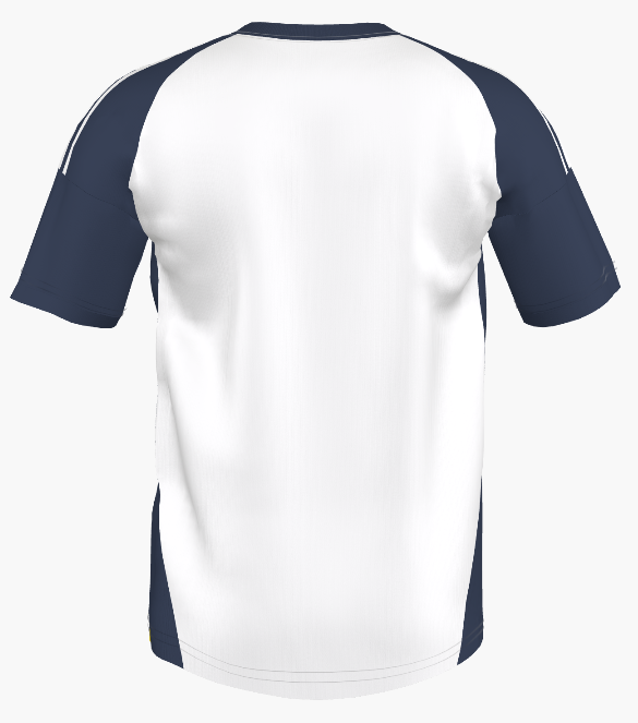 Back view of a white short-sleeved athletic t-shirt with navy blue raglan sleeves and side panels.
