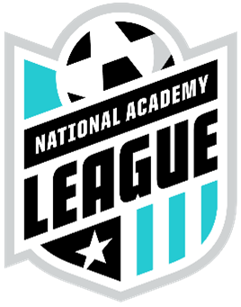 A shield-shaped logo for the National Academy League featuring a stylized soccer ball at the top, a white star on a black background, and vertical teal stripes. The organization's name is written in bold, slanted uppercase letters across the center.