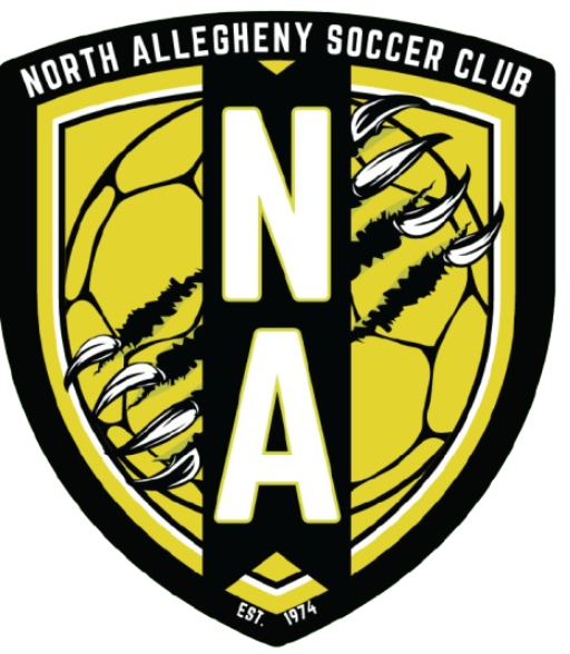 Shield logo for North Allegheny Soccer Club. Features a yellow soccer ball with claw marks, a central black stripe with white letters 'NA', and 'EST. 1974' at the base.