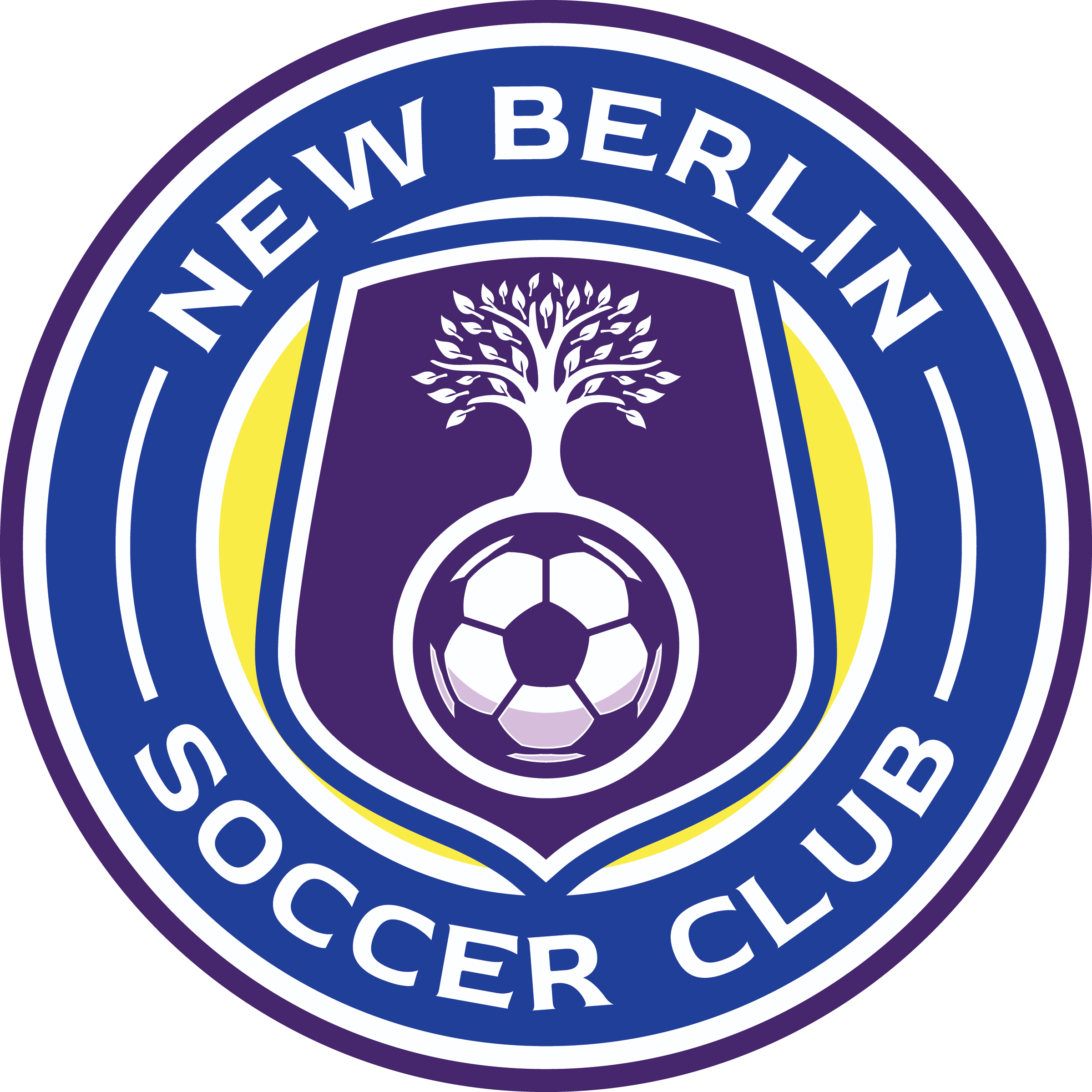 New Berlin Soccer Club logo: a blue circle with white text surrounding a purple shield that features a white tree growing out of a soccer ball.