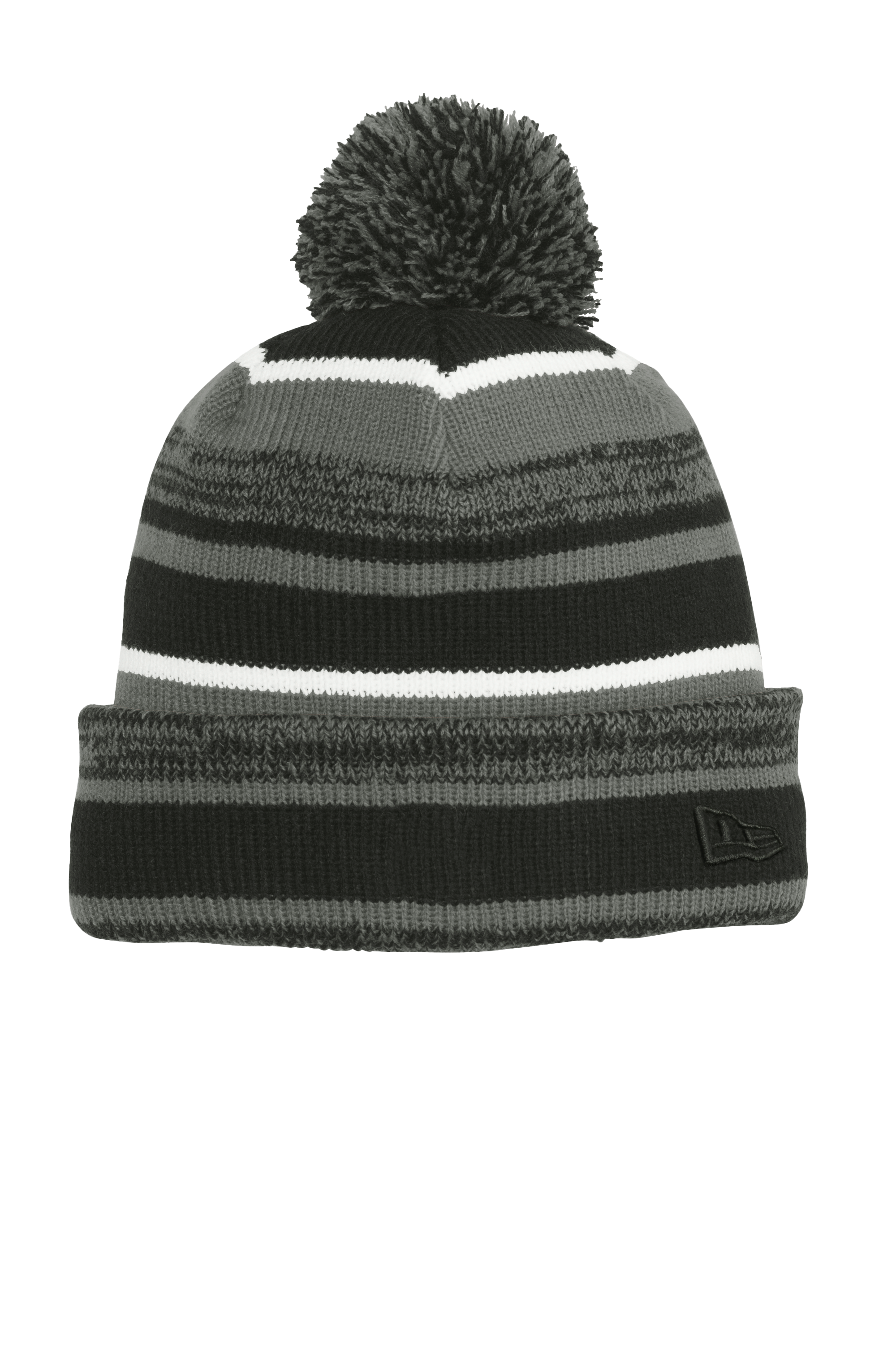 A striped knit beanie in shades of grey, black, and white featuring a large grey pom-pom on top and a folded cuff.