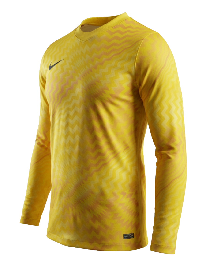 Yellow long-sleeved Nike goalkeeper jersey with a vibrant concentric zigzag pattern in shades of yellow and orange.