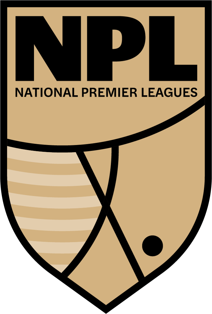 Logo for National Premier Leagues (NPL) featuring a gold shield with bold black text and an abstract soccer ball design at the bottom.