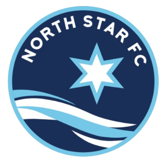 A circular logo for North Star FC with a white six-pointed star and wavy lines on a dark blue background. The club name is arched at the top in white text.