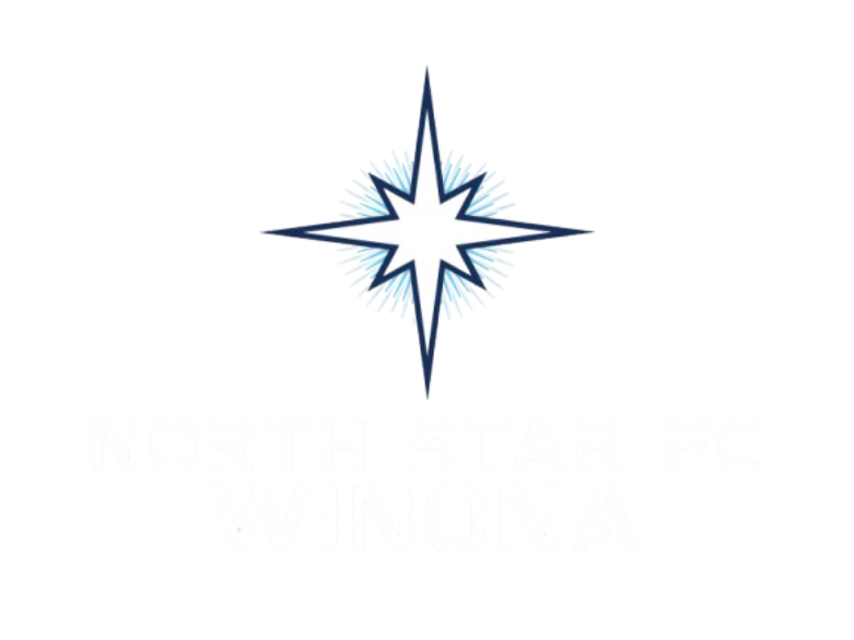 A logo for "NORTH STAR FC WINONA" on a solid black background. It features a central white eight-pointed star outlined in dark blue, with a light blue glowing radial burst behind it. Below the star, the words "NORTH STAR FC" and "WINONA" are written in a white, futuristic, blocky font.