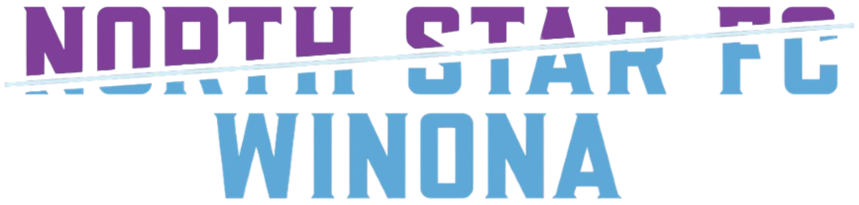 Logo for North Star FC Winona. The text "NORTH STAR FC" is in a blocky font, split horizontally by a thin white line with purple on top and light blue on the bottom. The word "WINONA" is written below in light blue.