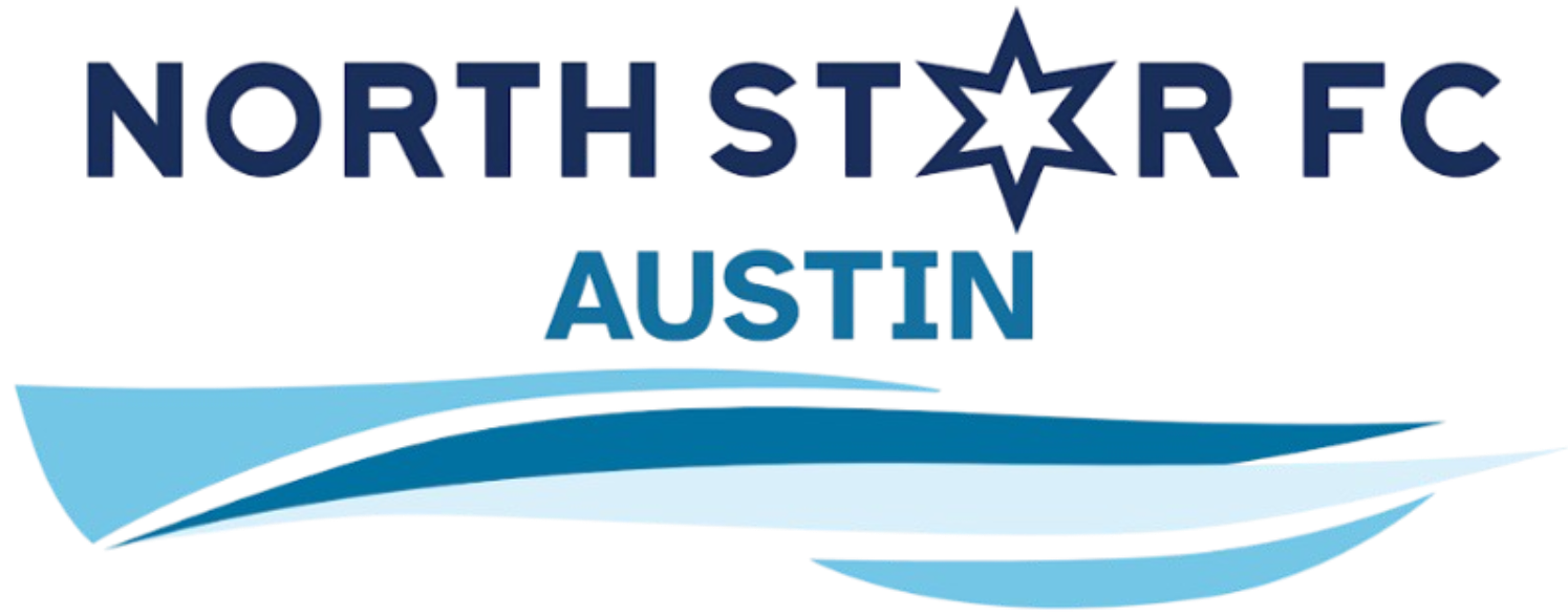 Logo for North Star FC Austin featuring the club name in bold, blue lettering. The "A" in "STAR" is replaced by a six-pointed star, and four wavy, overlapping blue lines are positioned beneath the word "AUSTIN".