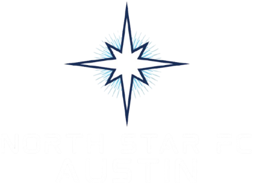 Logo for North Star FC Austin featuring a white eight-pointed star with a blue outline set against a light blue radiant glow. The text "NORTH STAR FC" and "AUSTIN" are displayed below in bold, white, blocky letters.