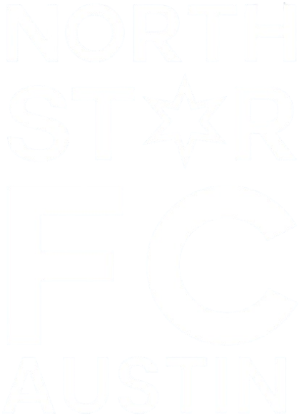 A white logo on a black background for "North Star FC Austin." The text is stacked vertically in a bold sans-serif font, with a seven-pointed star replacing the "A" in "Star" and a large "FC" in the center.