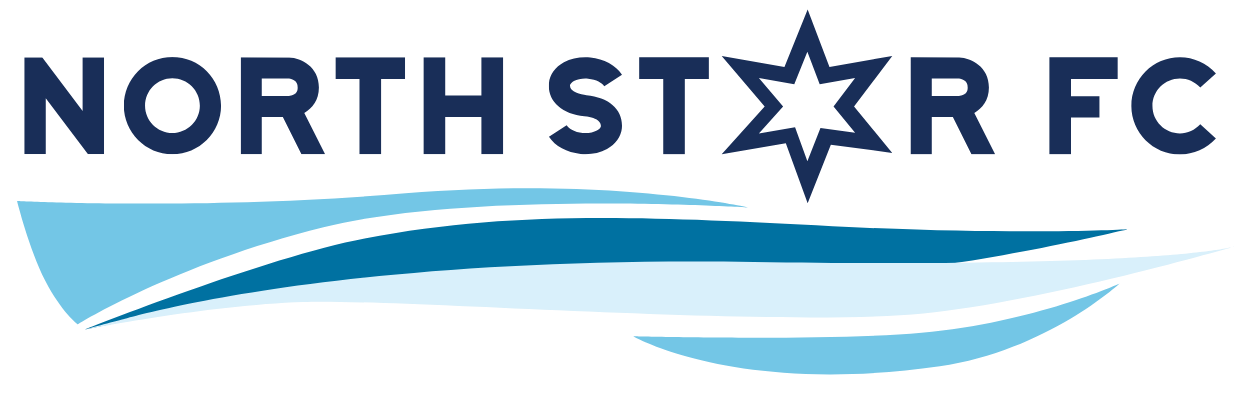 Logo for "NORTH STAR FC" featuring navy blue text, a six-pointed white star replacing the letter "A", and three stylized blue wavy swooshes underneath.