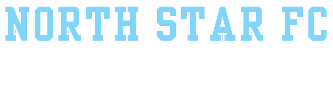 A logo with the text "NORTH STAR FC" in a light blue varsity font with a thin white outline, above the word "SOCCER" in a white varsity font, all set against a black background.