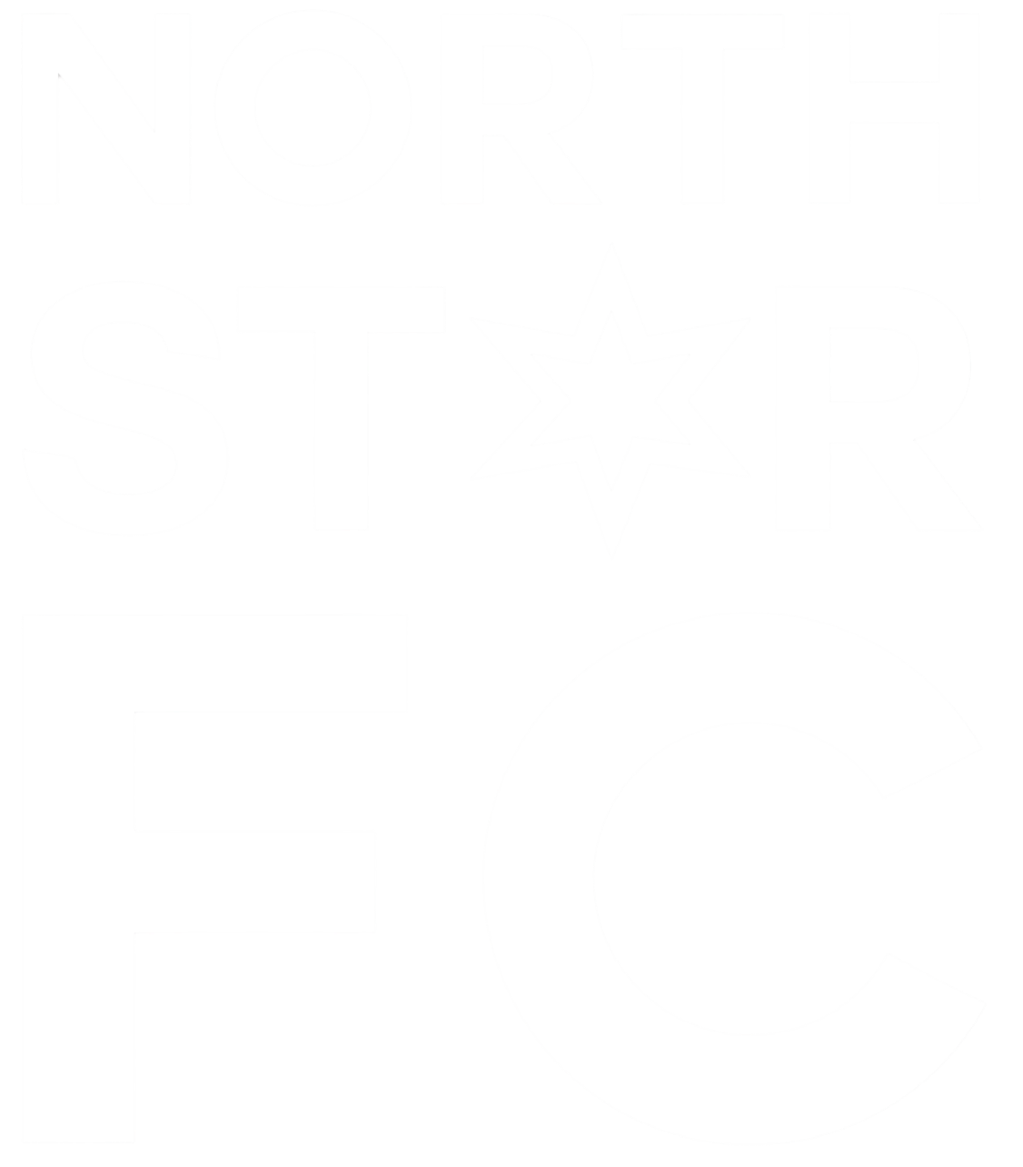 Logo for North Star FC featuring bold white text on a black background, with a seven-pointed star in place of the letter "A" in the word "STAR".