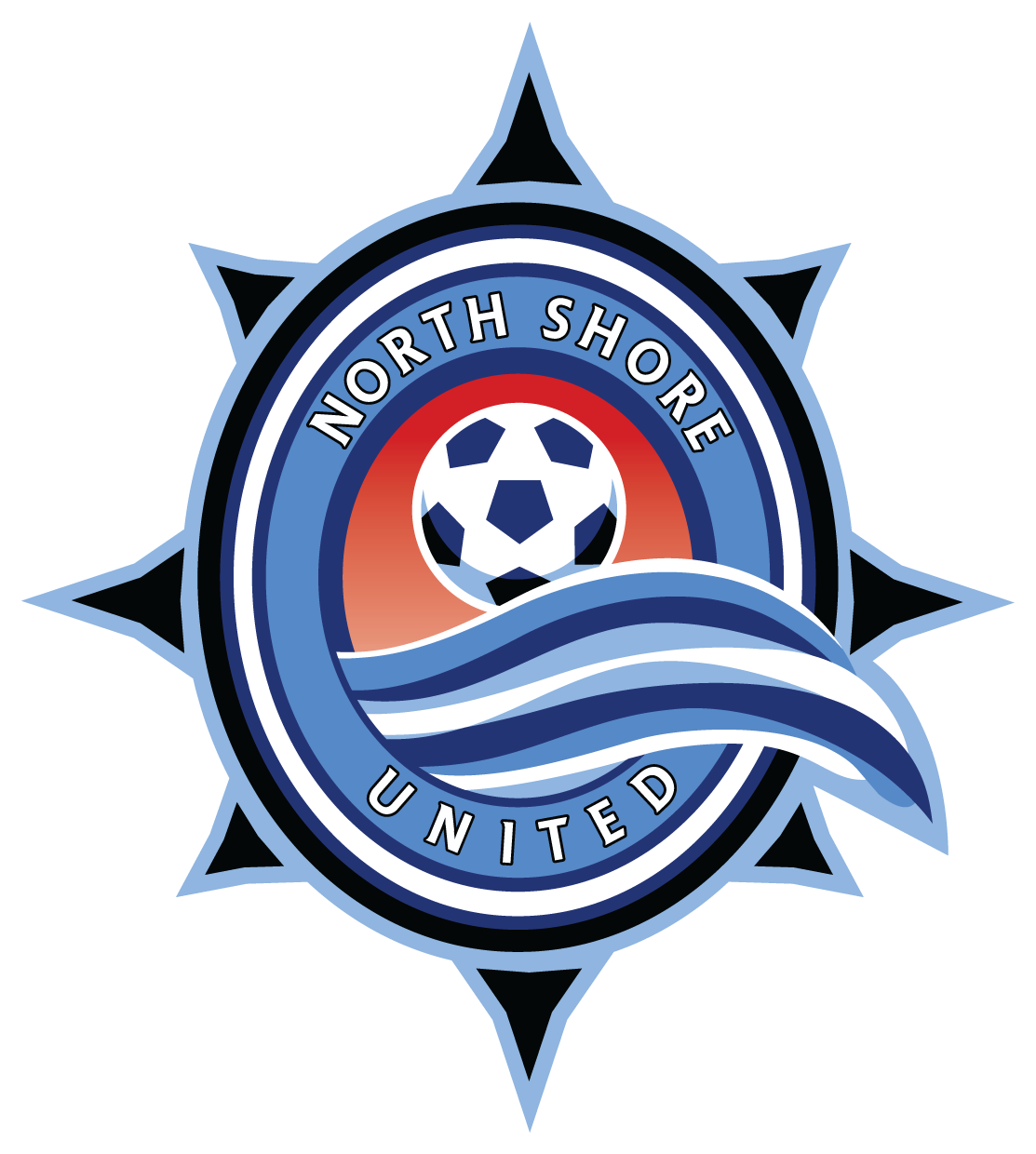 Logo for North Shore United featuring a soccer ball over waves and a sunset, framed within an eight-pointed compass rose.