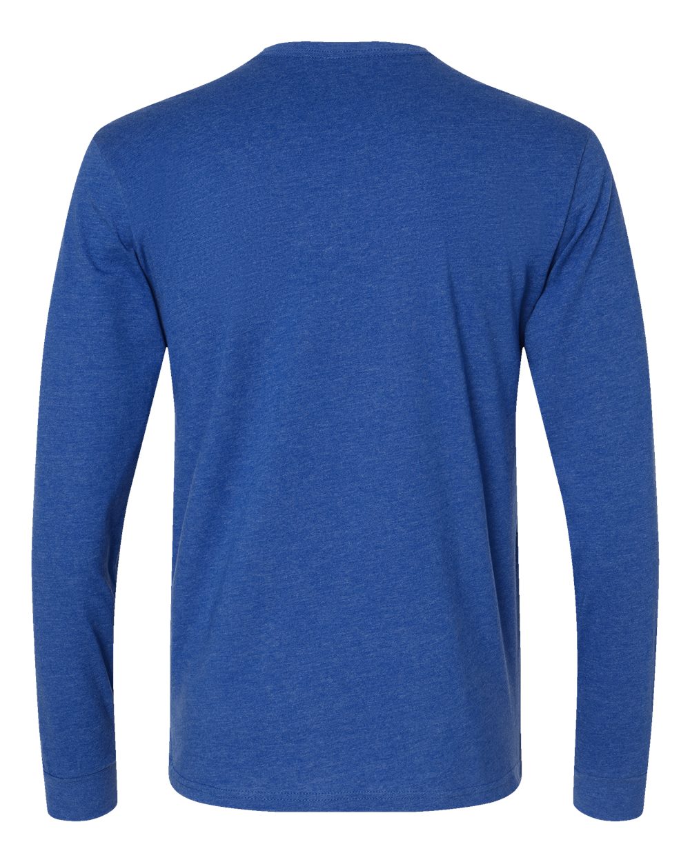 Back view of a long-sleeved, heathered royal blue t-shirt.