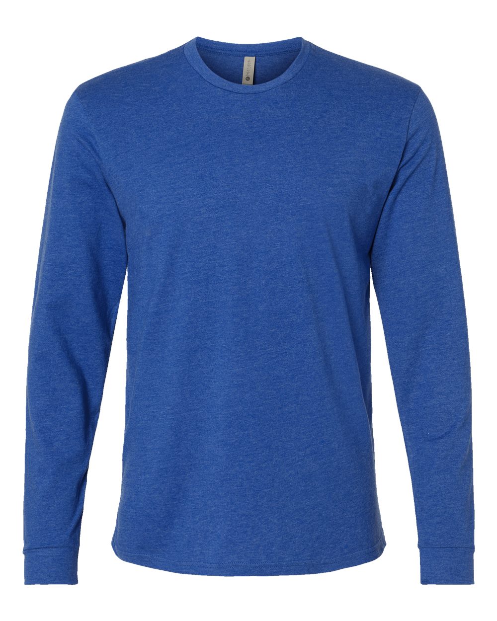 A heathered blue long-sleeve crew neck t-shirt with ribbed cuffs, displayed against a white background.