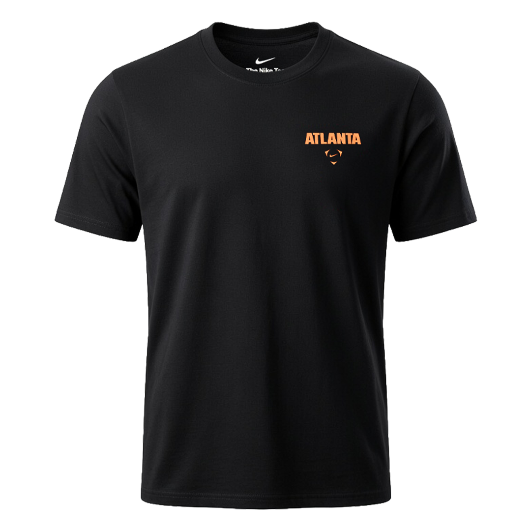 A black short-sleeved Nike t-shirt with orange text reading "ATLANTA" and a small swoosh logo on the left chest.