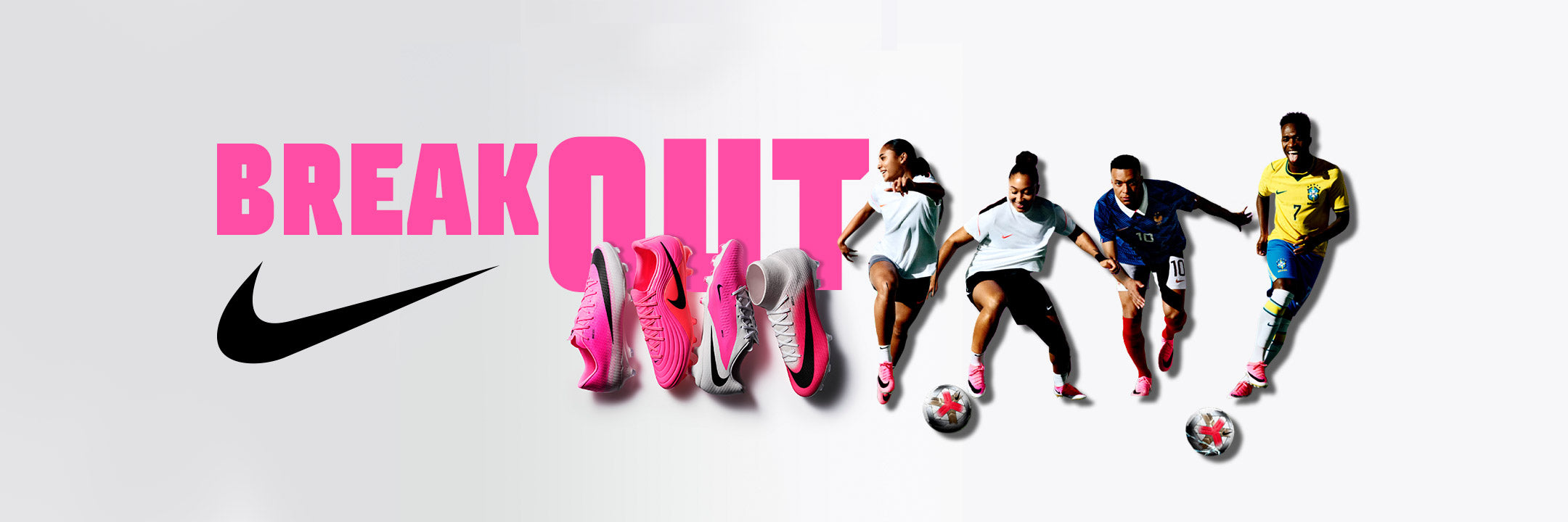 Nike advertisement featuring "BREAKOUT!" text, four soccer cleats, and four professional soccer players in action poses with soccer balls against a white background.