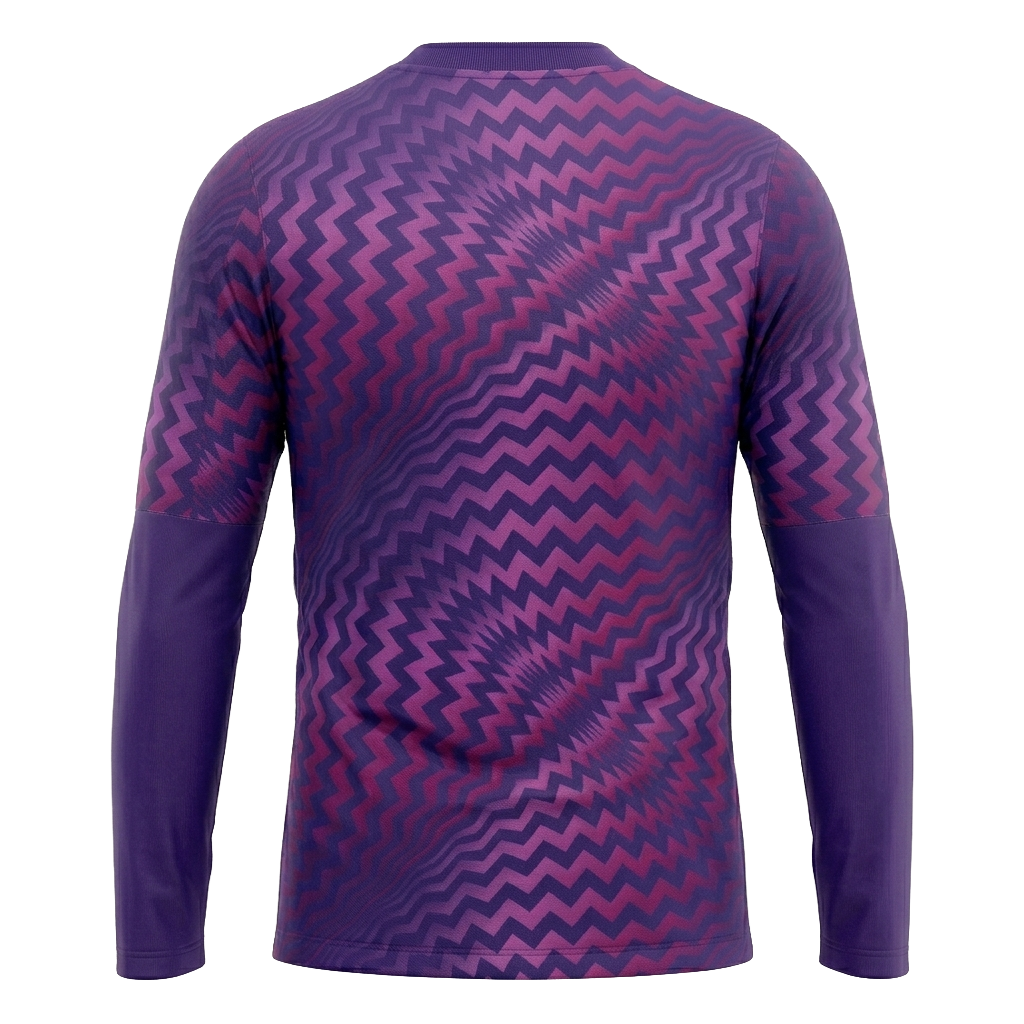 Back view of a long-sleeve purple athletic jersey with a distorted pink zigzag pattern on the body and upper sleeves. The lower sleeves are solid purple.