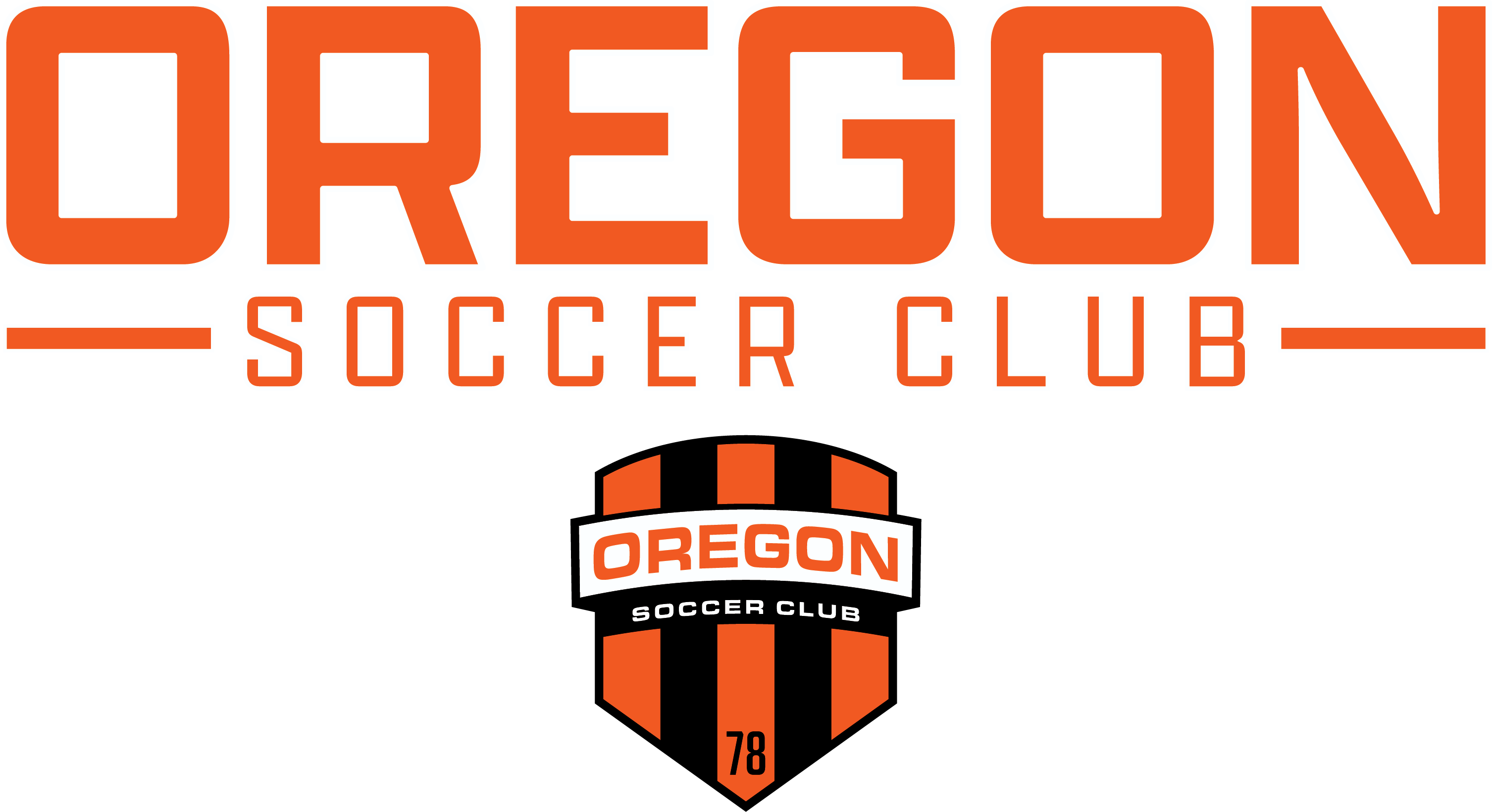 Oregon Soccer Club logo with bold orange text above a shield featuring orange and black vertical stripes, the club name, and the number "78".