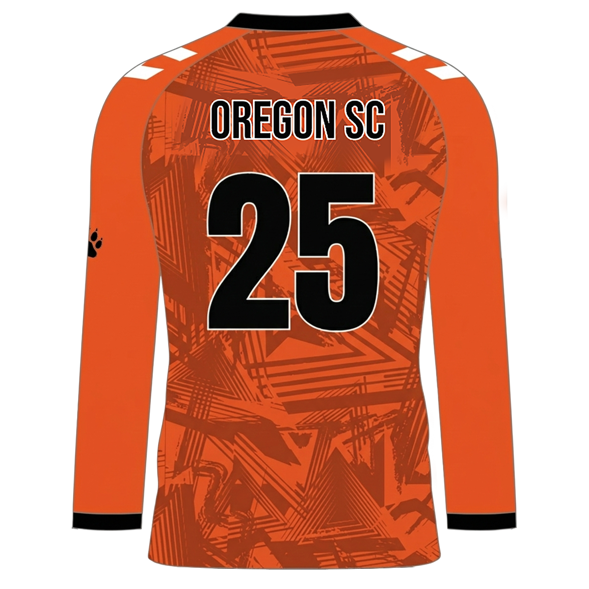 Back of an orange long-sleeved sports jersey featuring a geometric pattern, "OREGON SC" text, and the number 25. Includes white shoulder chevrons and a black paw print on the sleeve.