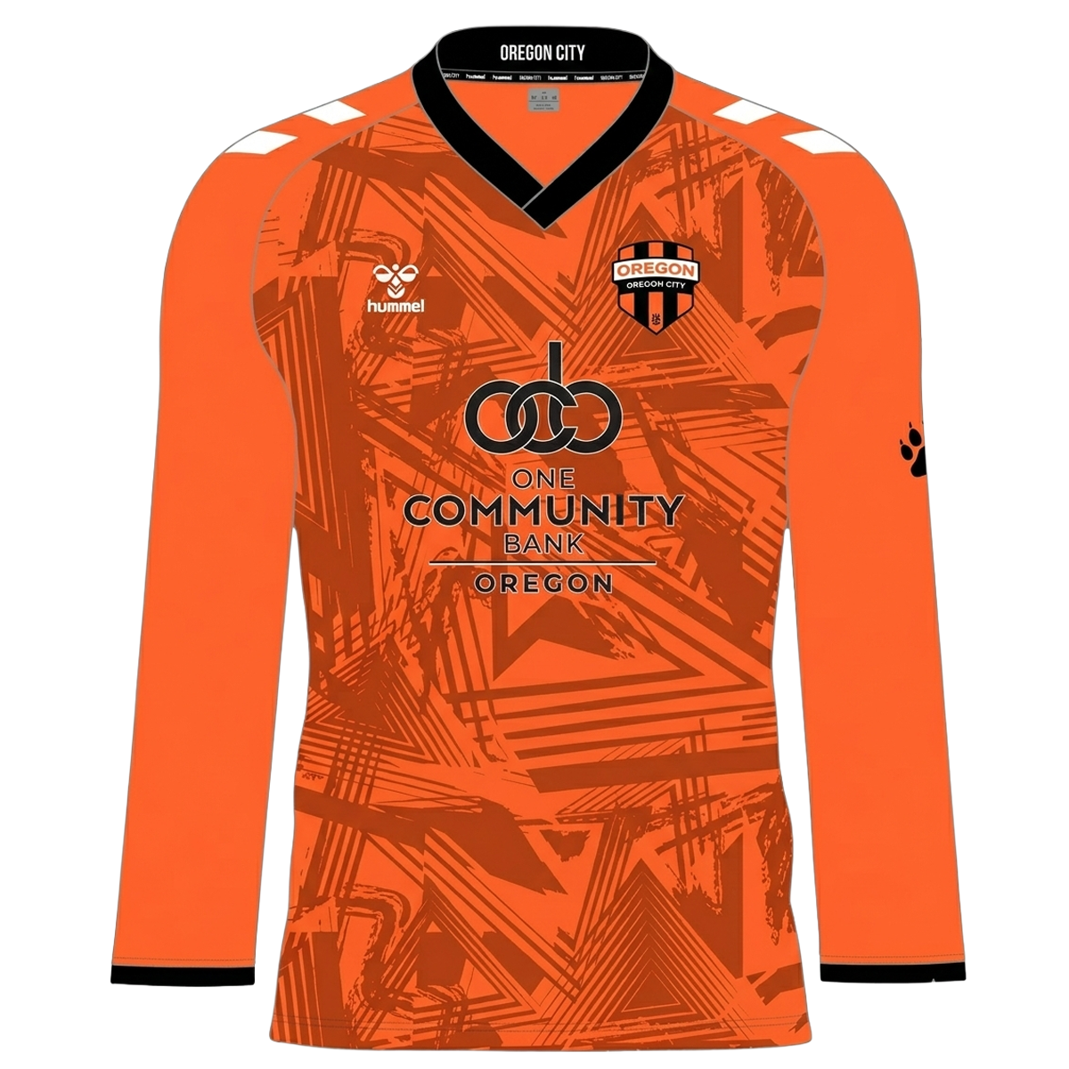 An orange long-sleeved soccer jersey with geometric patterns. Features a Hummel logo, Oregon City crest, and "One Community Bank Oregon" sponsor. Black collar and cuffs.
