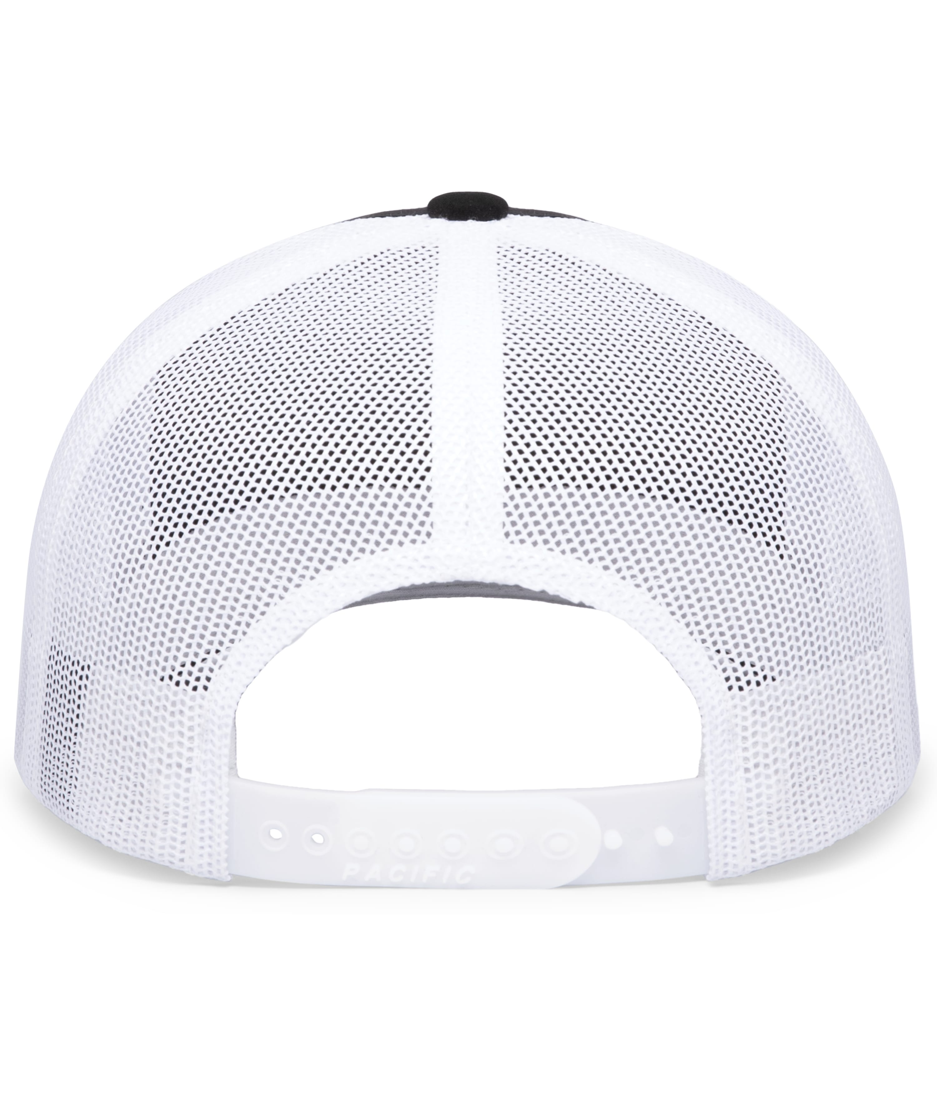 Back view of a white mesh trucker hat with a matching plastic snapback strap embossed with the "PACIFIC" logo. A black top button is visible.