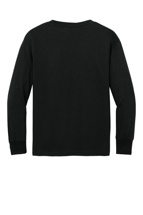 The back view of a plain black long-sleeved t-shirt with ribbed cuffs, isolated on a white background.