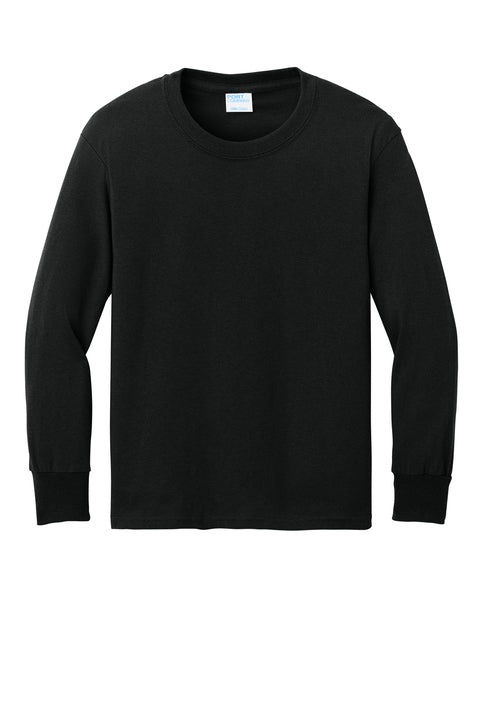 A front view of a solid black, long-sleeved crewneck t-shirt with ribbed cuffs on a white background.