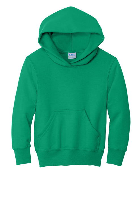 Bright green pullover hoodie featuring a front kangaroo pocket and ribbed cuffs and hem.