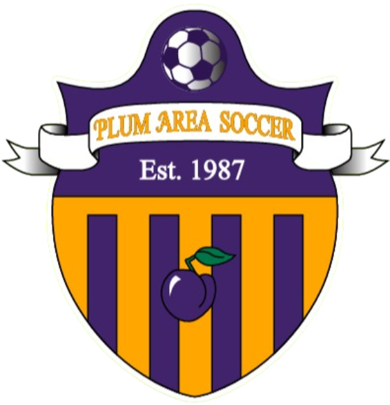 Shield-shaped logo for Plum Area Soccer with a soccer ball, banner, "Est. 1987", and a plum fruit icon over vertical purple and gold stripes.