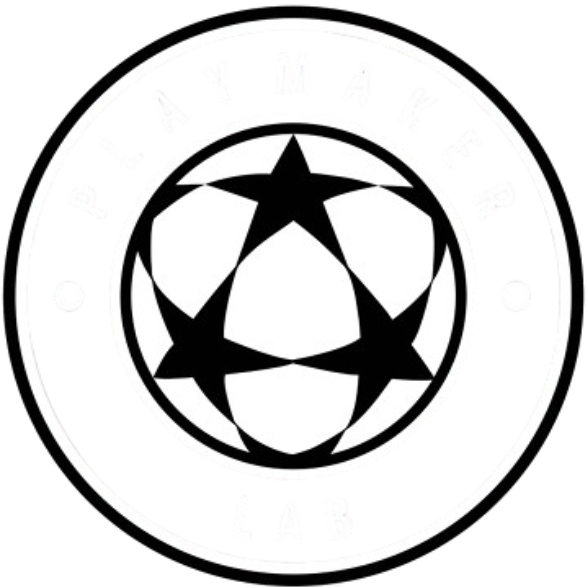 A circular black and white logo featuring the text "PLAYMAKER" arched along the top and "LAB" at the bottom. The center contains a white circle with a graphic of interlocking black stars forming the shape of a soccer ball.