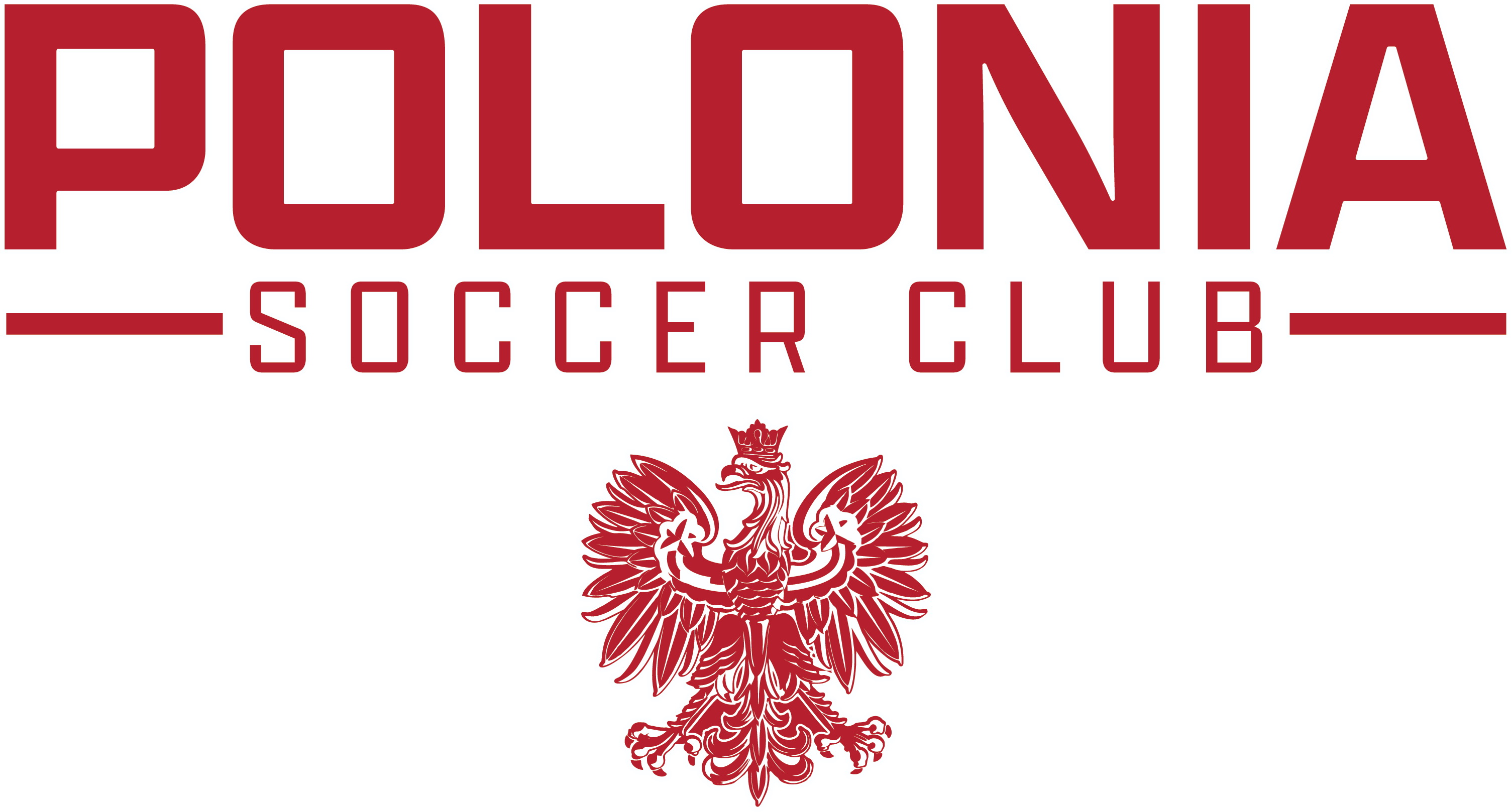 Logo for "POLONIA SOCCER CLUB" in red and white, featuring the club's name in bold letters above a Polish eagle emblem.