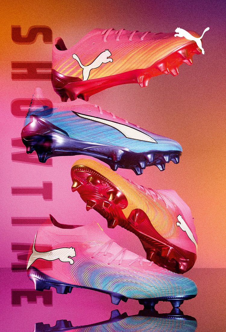 A stack of four colorful Puma soccer cleats against a pink and orange gradient background with the vertical text "SHOWTIME."