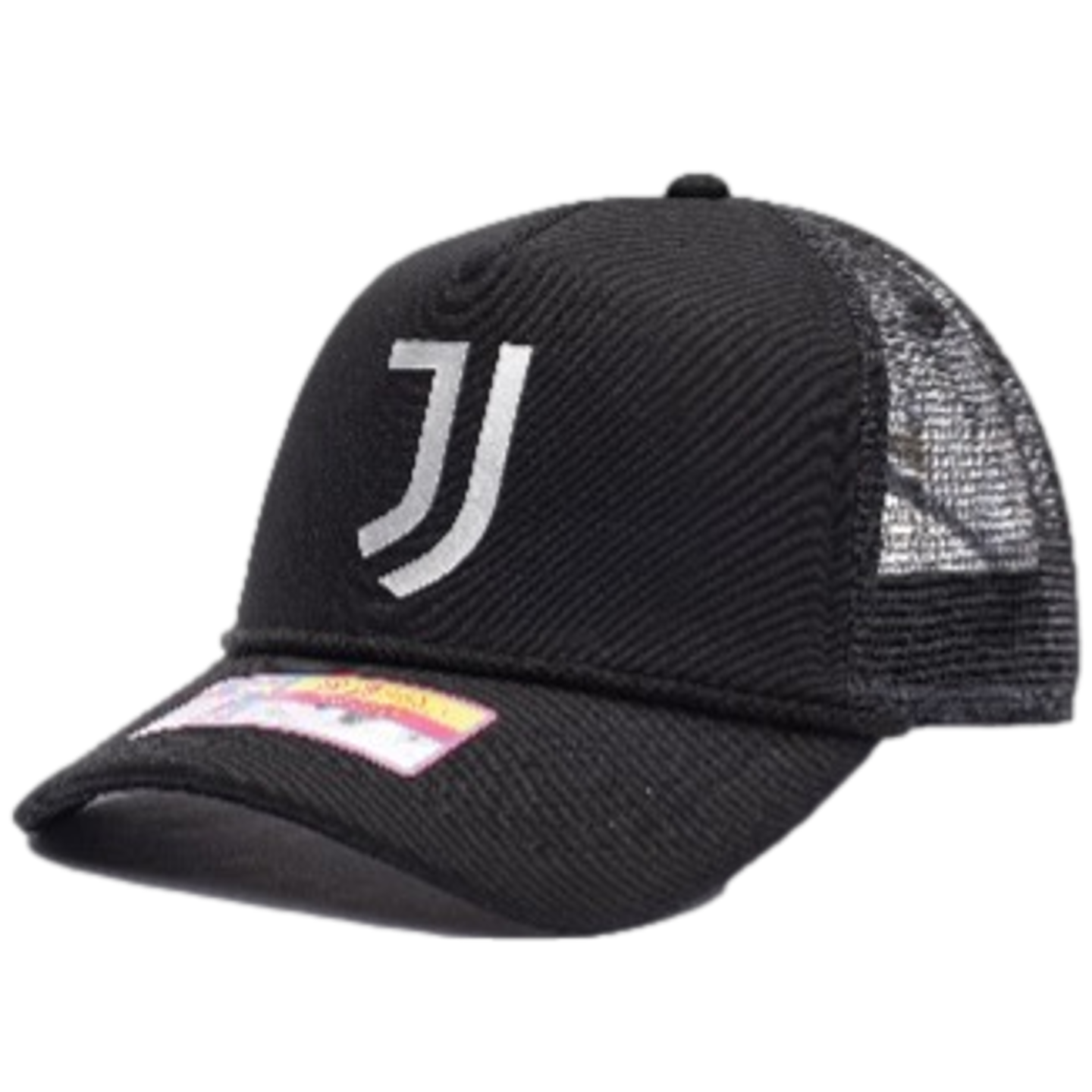 Black trucker hat with a mesh back and a large white stylized "JJ" logo on the front. A rectangular sticker is on the brim.
