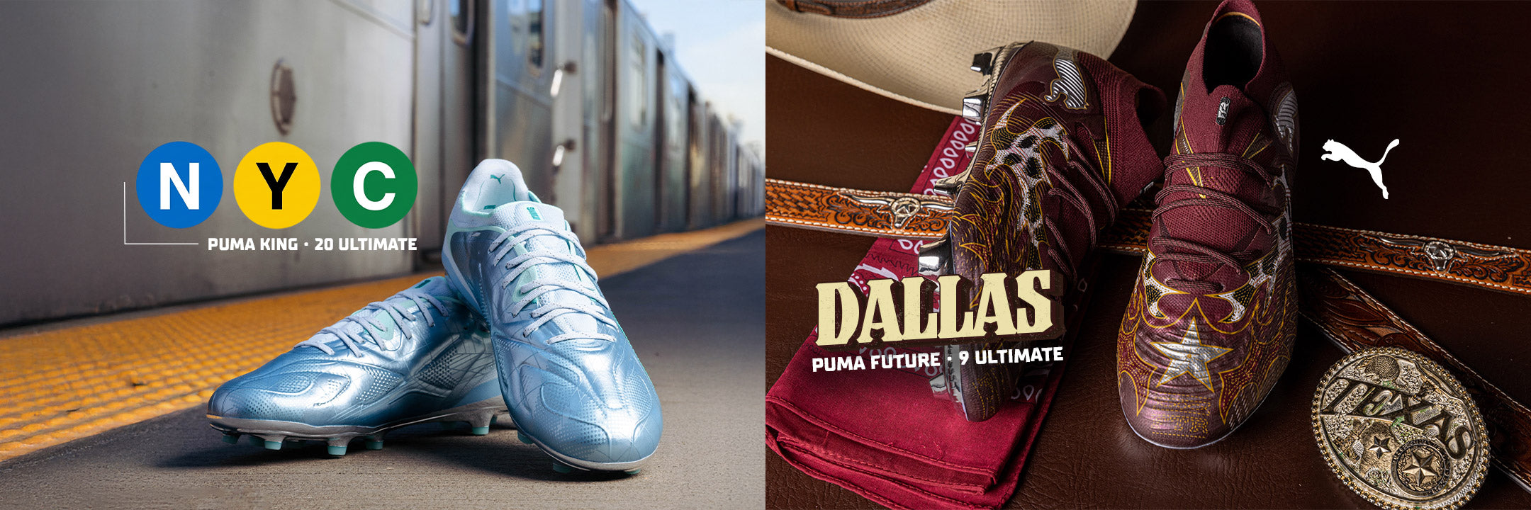 A split graphic for Puma soccer cleats. Left: light blue "NYC" boots on a subway platform. Right: maroon "Dallas" boots with western motifs and a Texas belt buckle.