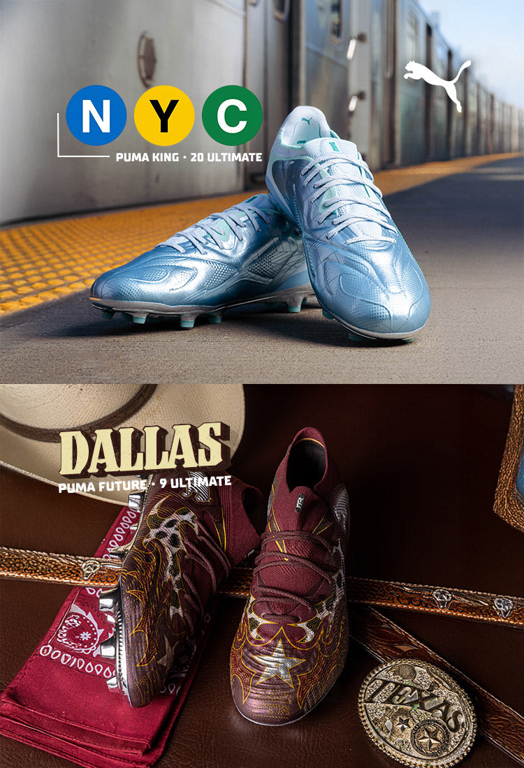 Two panels showing Puma cleats: light blue NYC-themed shoes on a subway platform and burgundy Dallas-themed shoes with western accessories like a cowboy hat and belt buckle.