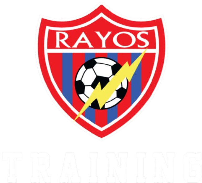 Logo for Rayos Training featuring a red and blue striped shield with a soccer ball and a yellow lightning bolt. "RAYOS" is written at the top and "TRAINING" is below.