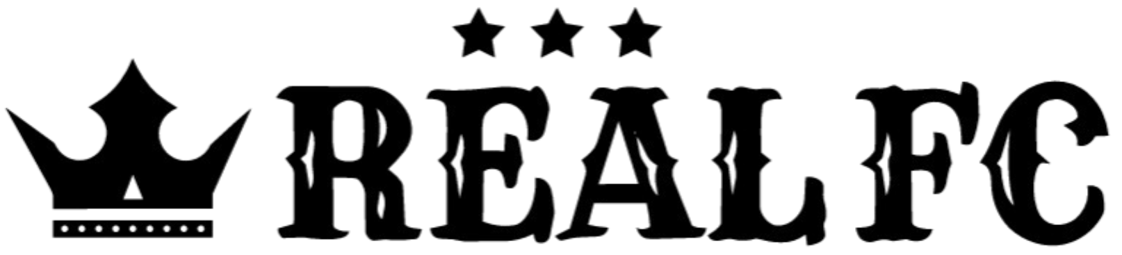A horizontal black and white logo. On the left is a stylized crown icon. To its right, the text "REAL FC" is written in a bold, serif font with a distressed, textured appearance. Centered above the word "REAL" are three small, five-pointed stars.
