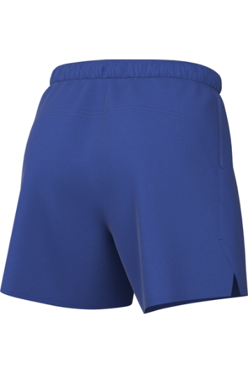 Back view of royal blue athletic shorts with an elastic waistband and small side slits at the hem.