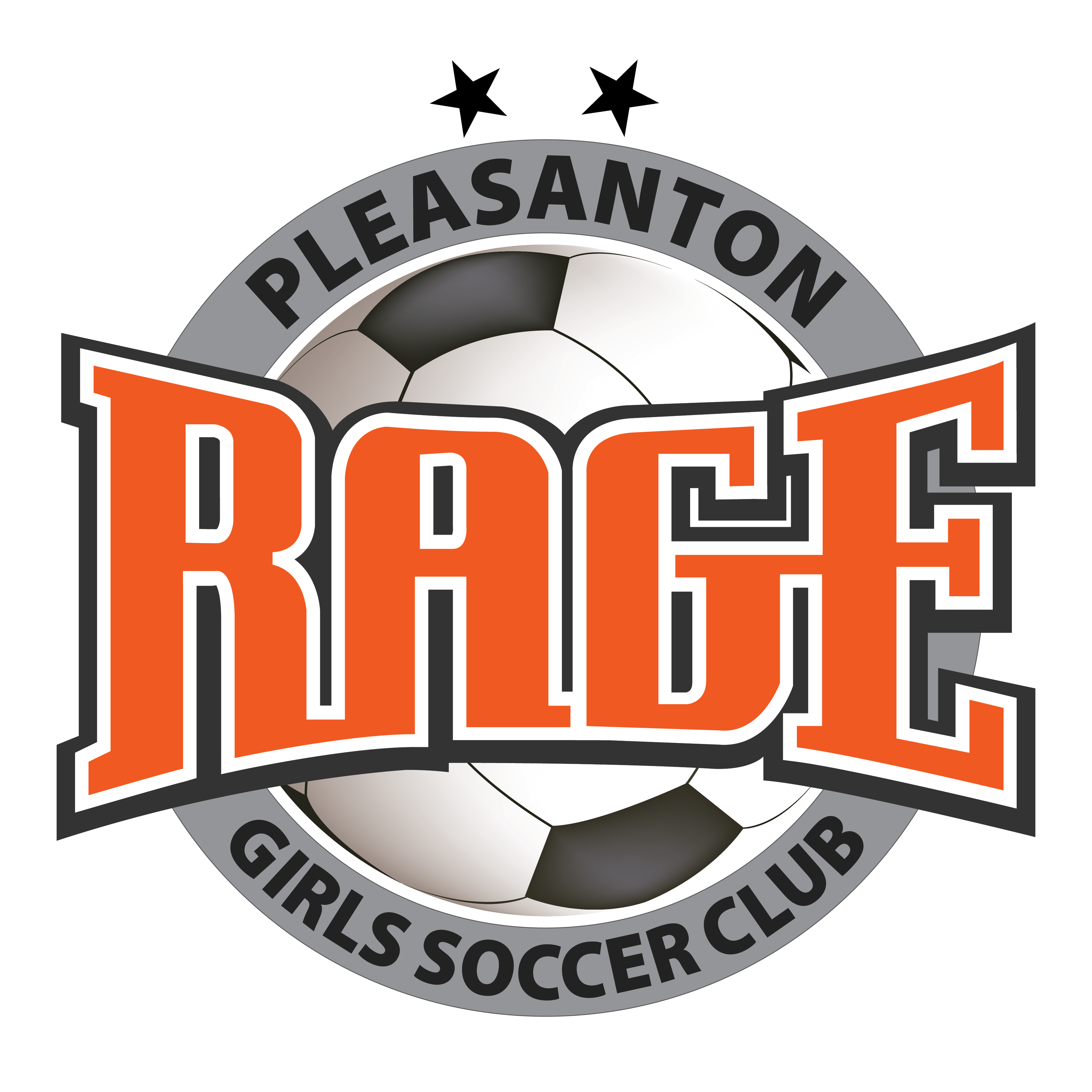 The RAGE Crest logo for the Pleasanton Girls Soccer Club, featuring the word "RAGE" in large orange block letters centered over a soccer ball. The words "PLEASANTON" and "GIRLS SOCCER CLUB" curve around a gray circular frame, which is topped by two black stars.