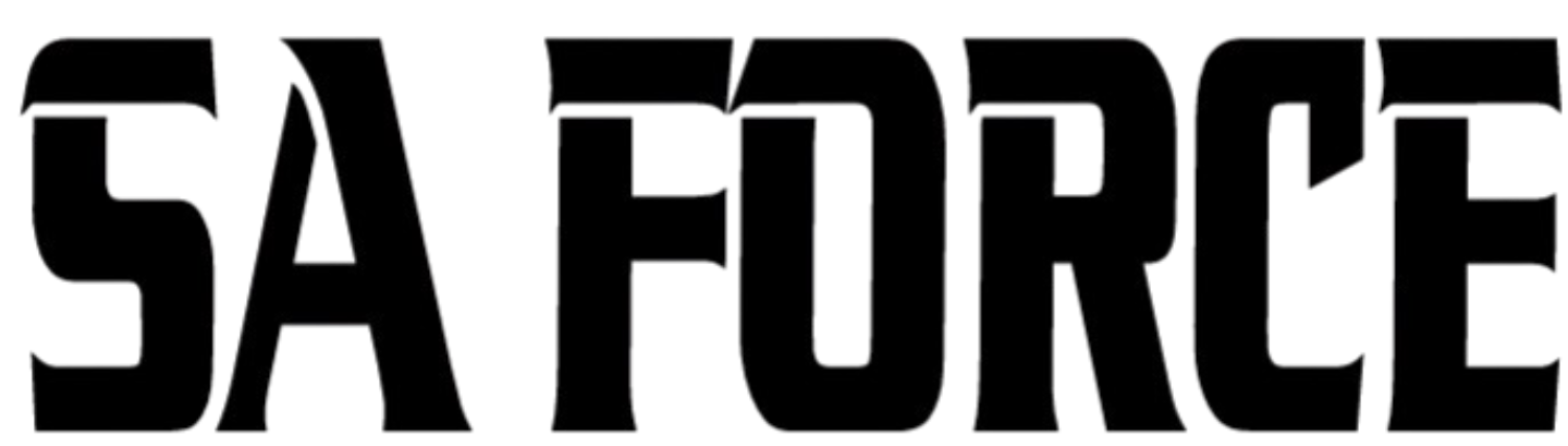 Bold black logo text "SA FORCE" in a stylized, uppercase font featuring sharp, pointed serifs on the top-left corners of the letters.