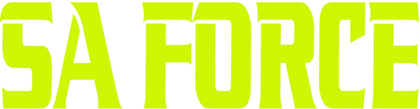 Neon yellow-green "SA FORCE" logo in a thick, stylized font with horizontal cuts across the top of each uppercase letter.