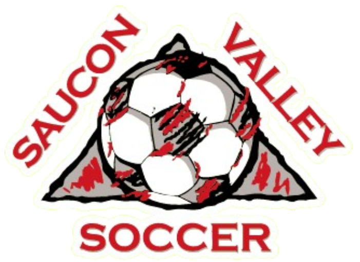 Saucon Valley Soccer logo featuring a soccer ball with red scratch marks over a gray mountain shape. Red text reads "SAUCON VALLEY" arched above and "SOCCER" below.